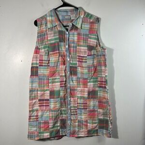 Womens Blair Madras Plaid Cotton Button Shirt Sleeveless L Orange Green